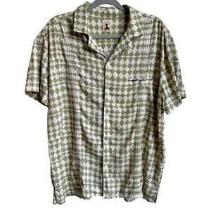 Dandy Del Mar Linen Short Sleeve Button Down Men's L Green White Diamond Check